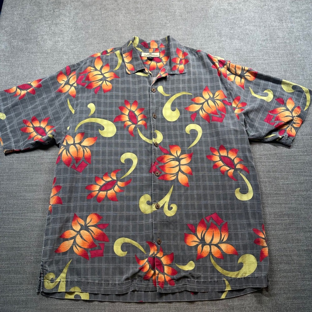 Tommy Bahama Button Up‎ Shirt Mens Medium Grey Silk Floral  Short Sleeve